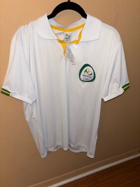 NWT Rio 2016 Olympic White Polo with Green & Yellow Trim